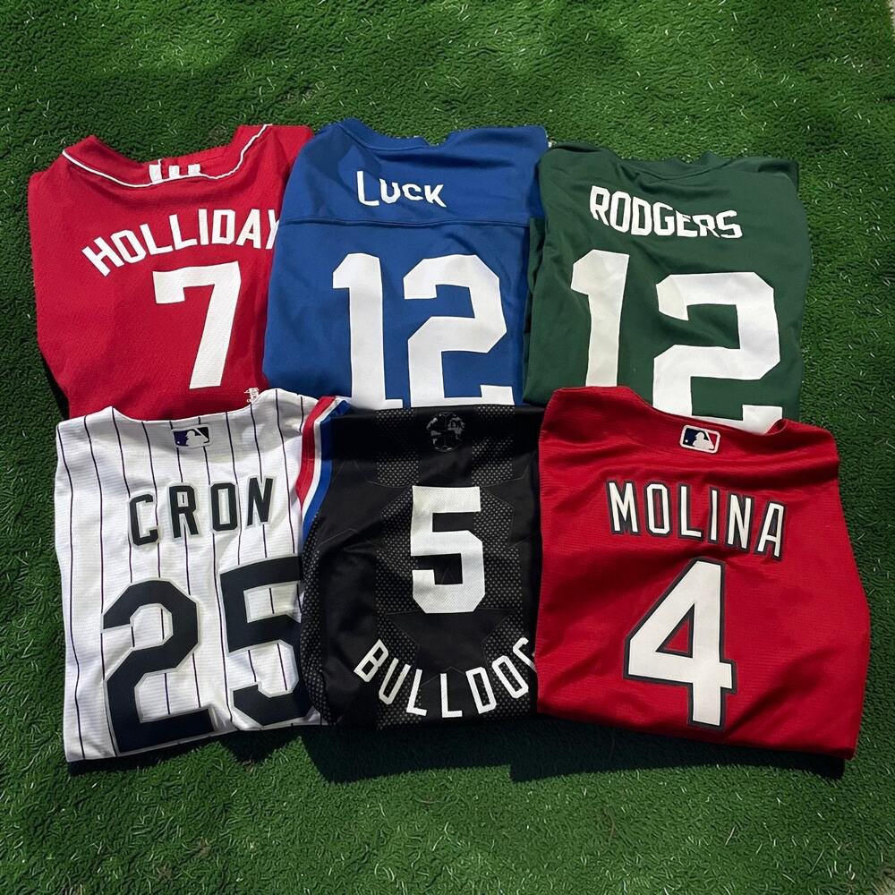 6 Youth Jerseys Lot Mixed Sizes Authentic MLB NFL Molina Luck Cron Globetrotters